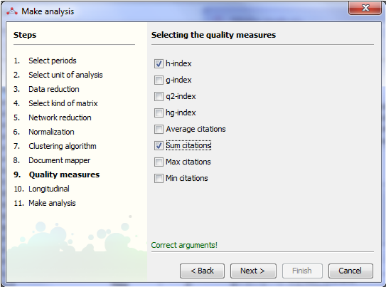 Selection of the quality measures in the wizard